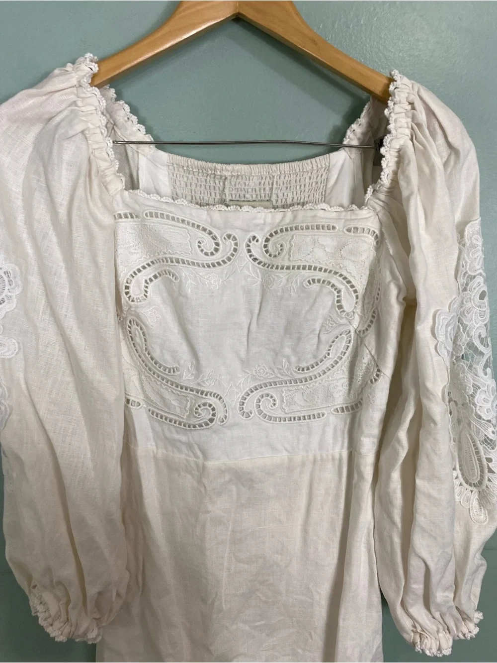 Farm Rio Off White Ivory Dress Linen Embroidered Floral Lace Size Small - Picture 3 of 7